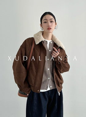 徐大脸吖定制 羊羔毛翻领羽绒服90绒子白鸭绒飞行麂皮绒短外套女