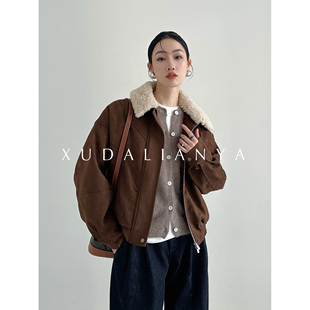 徐大脸吖定制 羊羔毛翻领羽绒服90绒子白鸭绒飞行麂皮绒短外套女