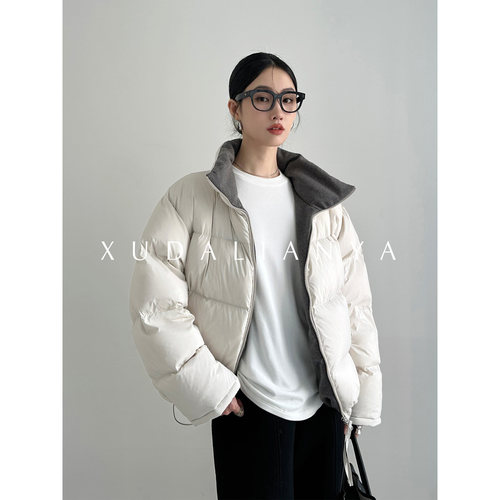 徐大脸吖定制 冬季小暖炉保暖绒子白鸭绒短外套拼色立领羽绒服女