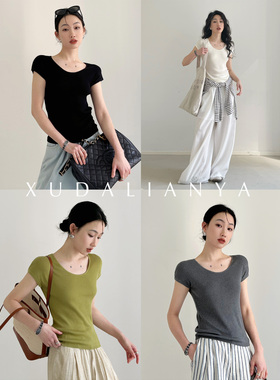 徐大脸吖定制 5色!天丝&醋酸包肩针织衫上衣春夏显瘦U领短袖T恤女