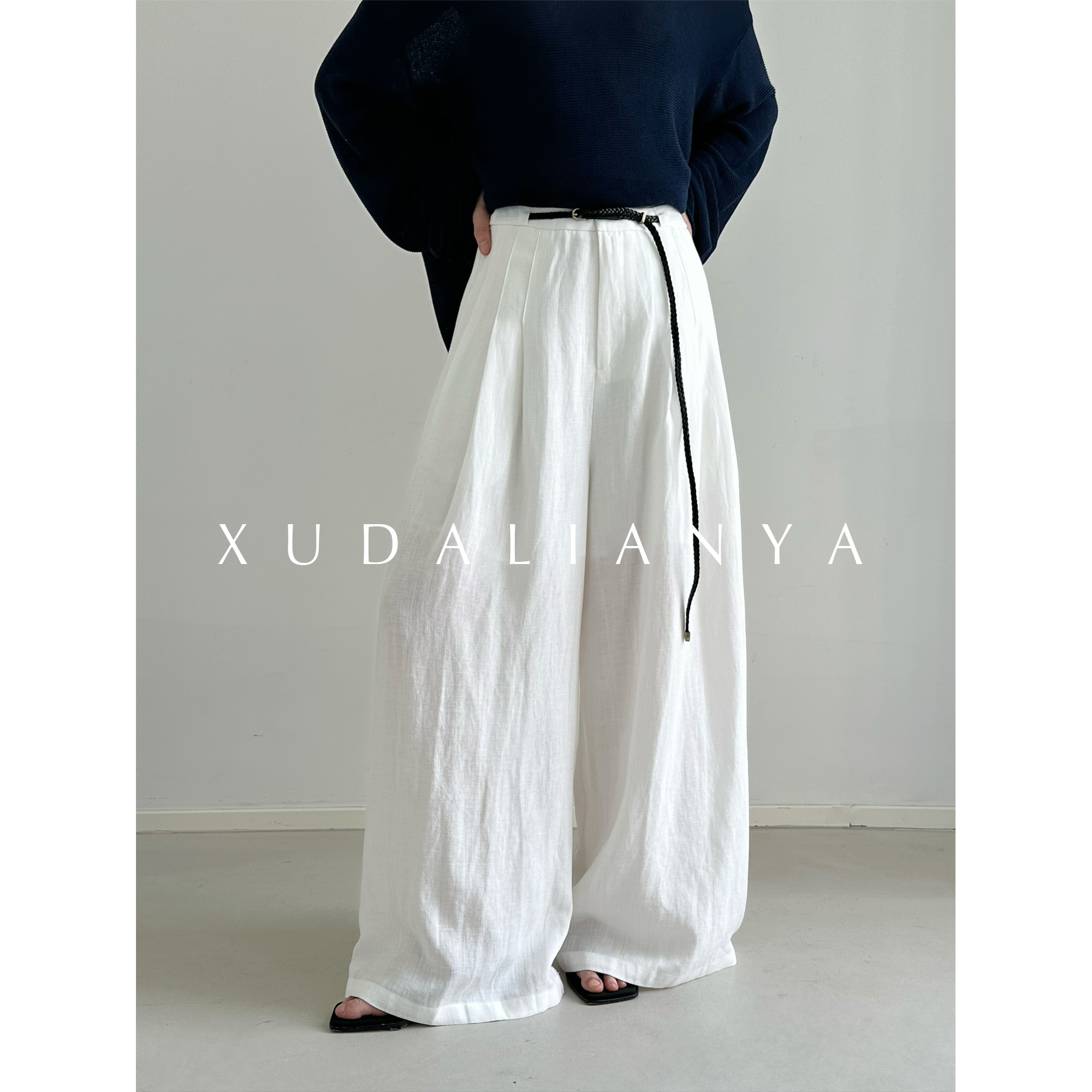 徐大脸吖定制 慵懒松弛感天丝亚麻裤子夏直筒阔腿裤白色休闲裤女