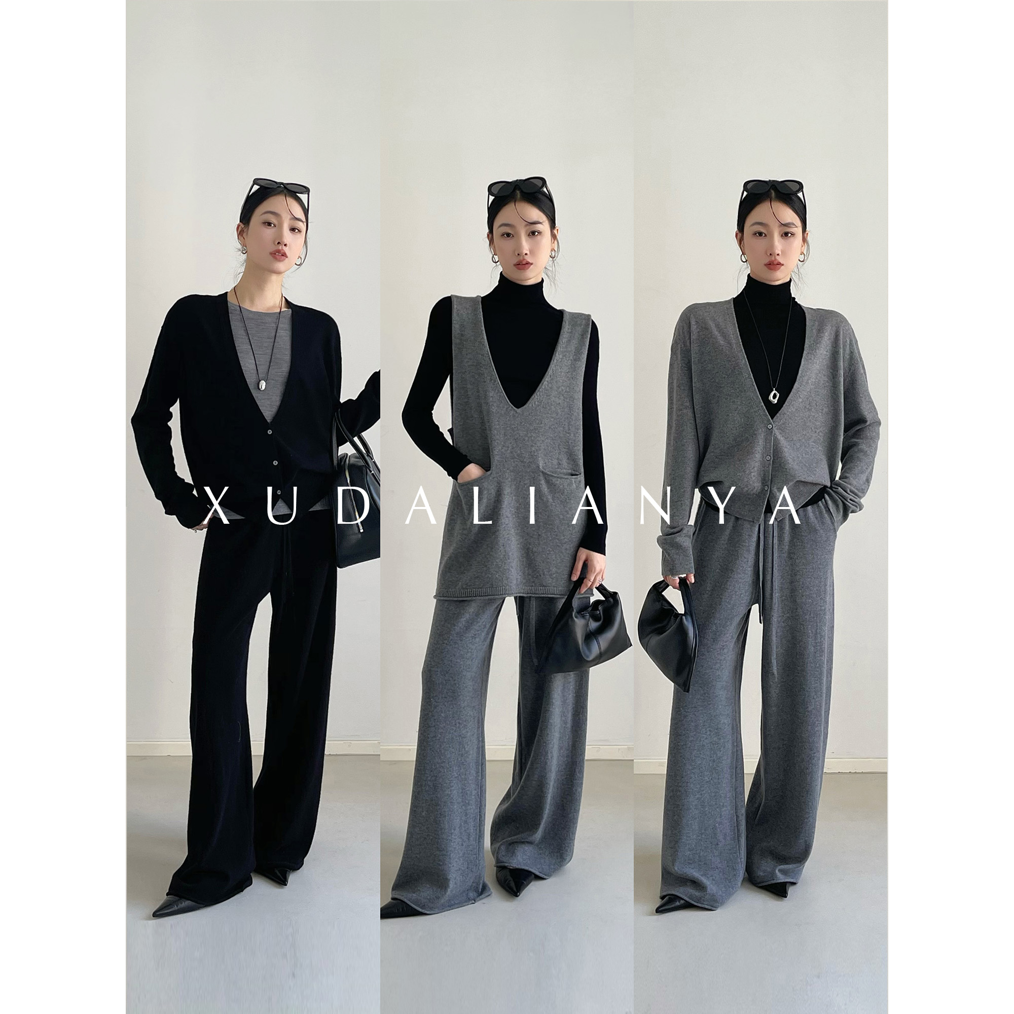 徐大脸吖定制 ROW风叠穿秋女100羊毛针织开衫V领马甲懒人裤三件套