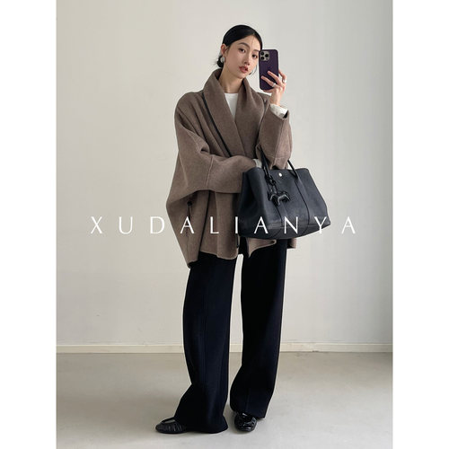 徐大脸吖定制 慵懒风茧型浴袍式羊毛双面呢大衣皮缝廓形呢外套女