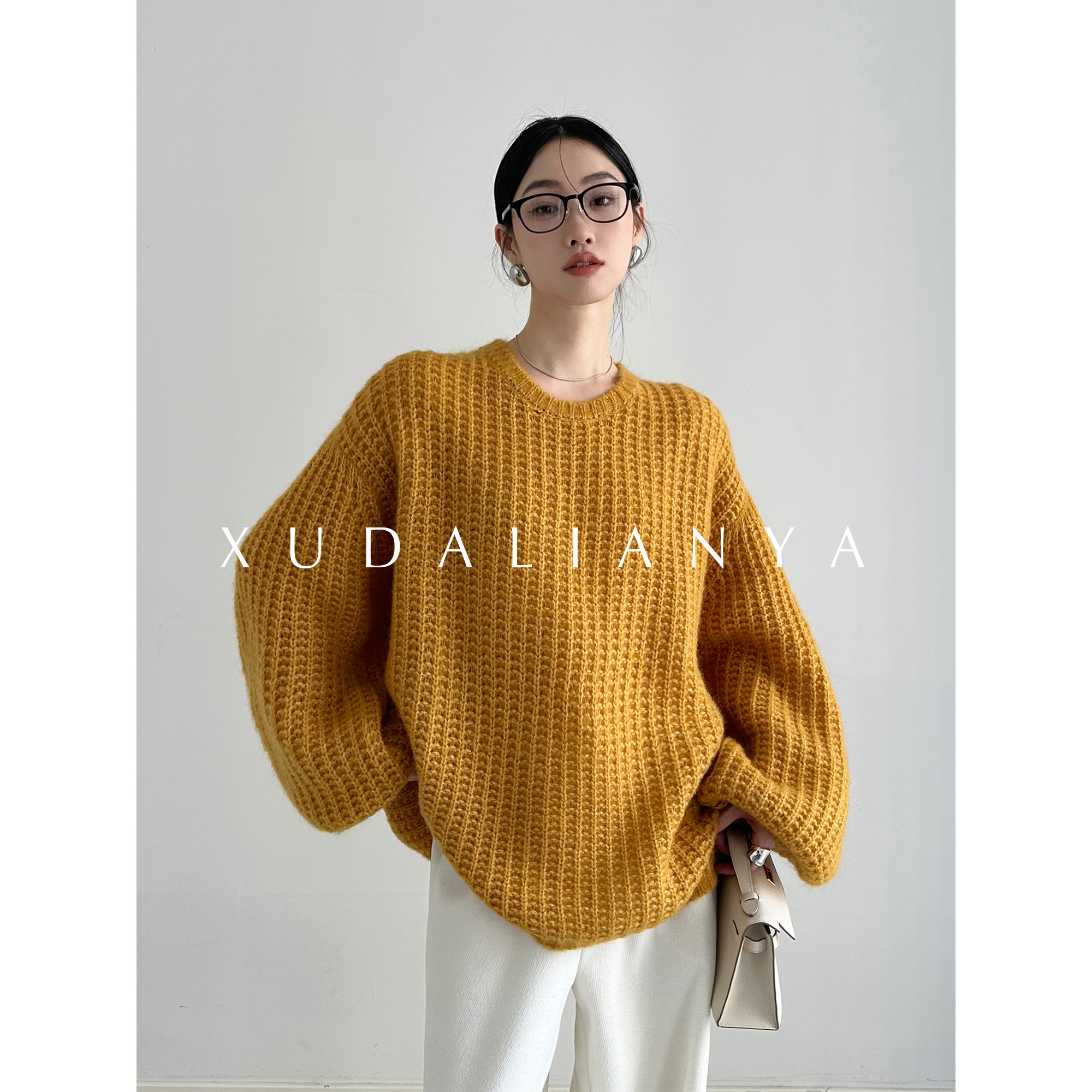 徐大脸吖定制 秋冬氛围感羊腿袖镂空针织衫女马海毛&羊毛宽松毛衣