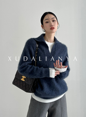 徐大脸吖定制 m1u系蓬松拉毛全澳洲羊毛polo衫冬慵懒氛围感毛衣女