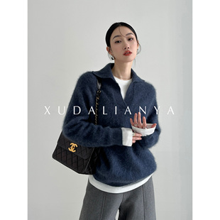 徐大脸吖定制 冬慵懒氛围感毛衣女 m1u系蓬松拉毛全澳洲羊毛polo衫