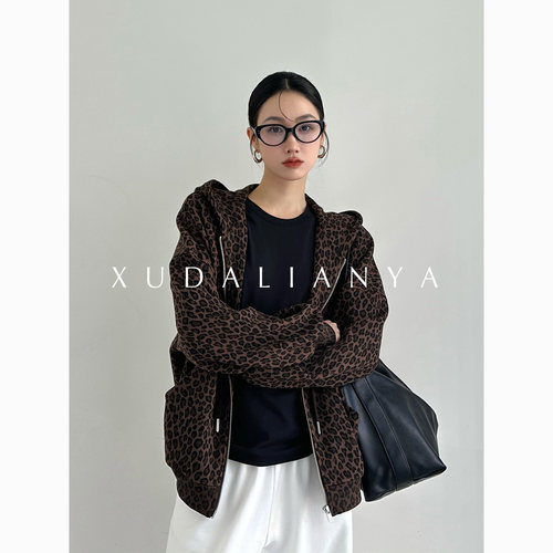 徐大脸吖定制 波嬉风复古美式棒球服秋韩系休闲豹纹连帽短外套女