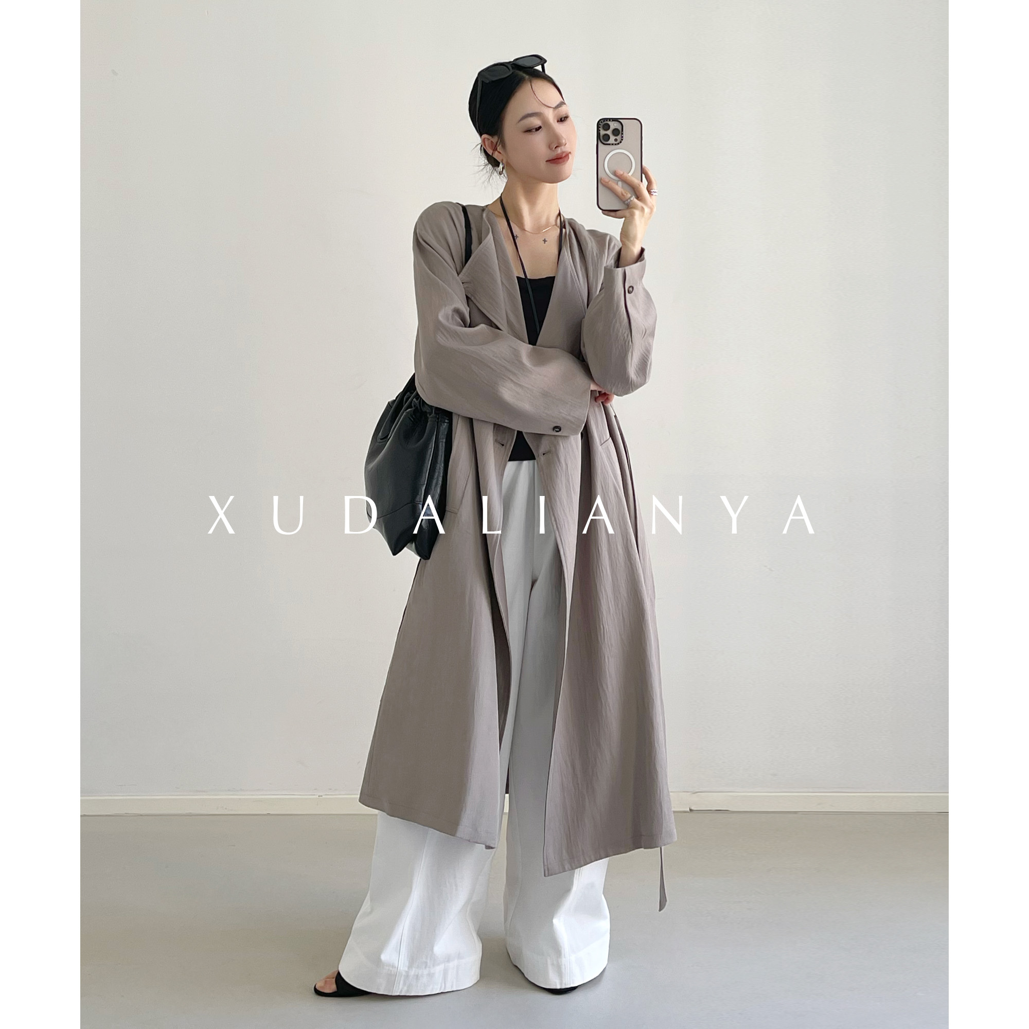 徐大脸吖定制 随性松弛垂顺质感天丝秋宽松廓形中长款风衣外套女