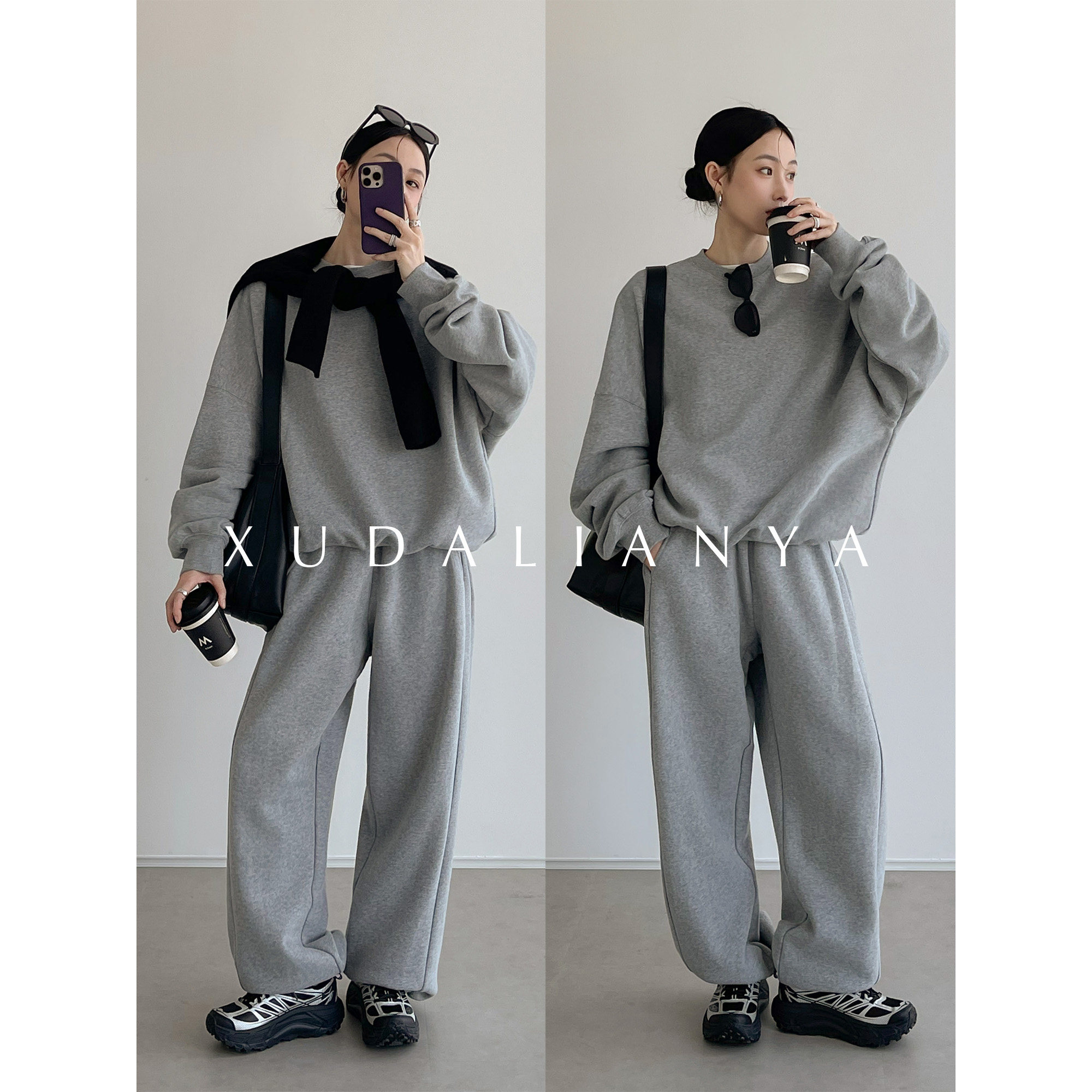 徐大脸吖定制 舒适懒人套装秋冬磨毛加绒卫衣休闲运动裤两件套女
