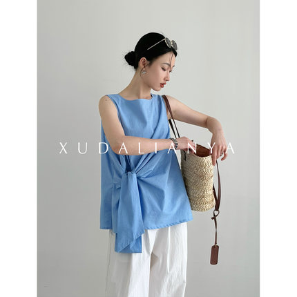 徐大脸吖定制 韩系小众设计感扭结a字上衣夏无袖背心棉麻衬衫女