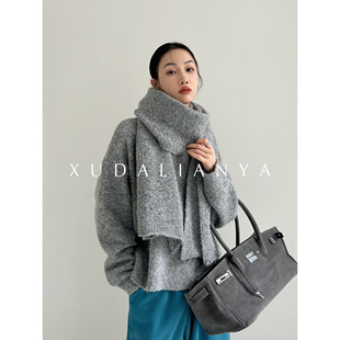 颗粒羊毛松软V领毛衣秋冬慵懒风大围巾两件套上衣女 徐大脸吖定制