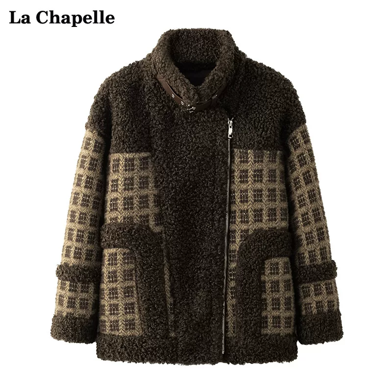 La Chapeelle воротник stand-grid imitation lamb hair outer collar женский свободный, тонкий/толстый пиджак