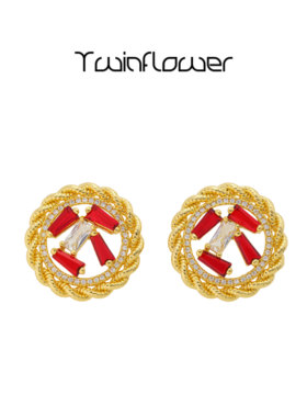 twinflower 绿色圆形锆石耳钉女金色镶钻高级设计感时尚气质耳饰