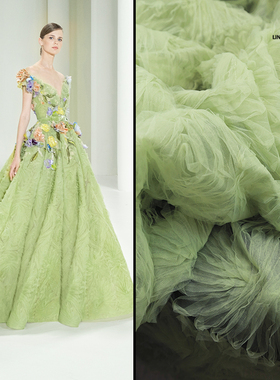 绿色盘带绣花布料立体网布刺绣蕾丝网纱婚纱礼服娃衣服装面料