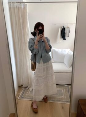 奶蓝色翻领简约口袋皮衣 羊毛花边针织短袖 多层蕾丝网纱拼接半裙