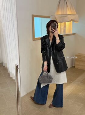 黑色百搭皮衣外套 针织屁帘背心 A字阔腿牛仔裤