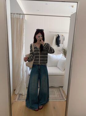 条纹显瘦两件套上衣 深蓝高腰阔腿牛仔裤