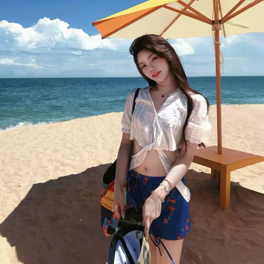 度假温泉碎花短袖性感女分体泳衣
