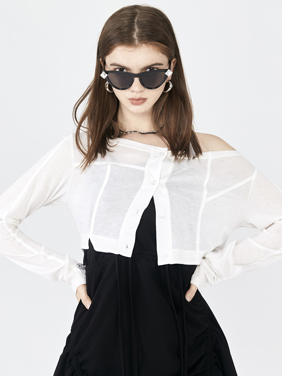 ANYQUESTION/白色轻薄款 分割线设计 单排扣百搭短外套罩衫长袖