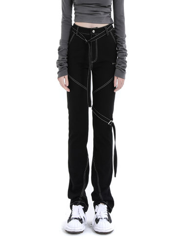 anyquestion黑色挂带长裤