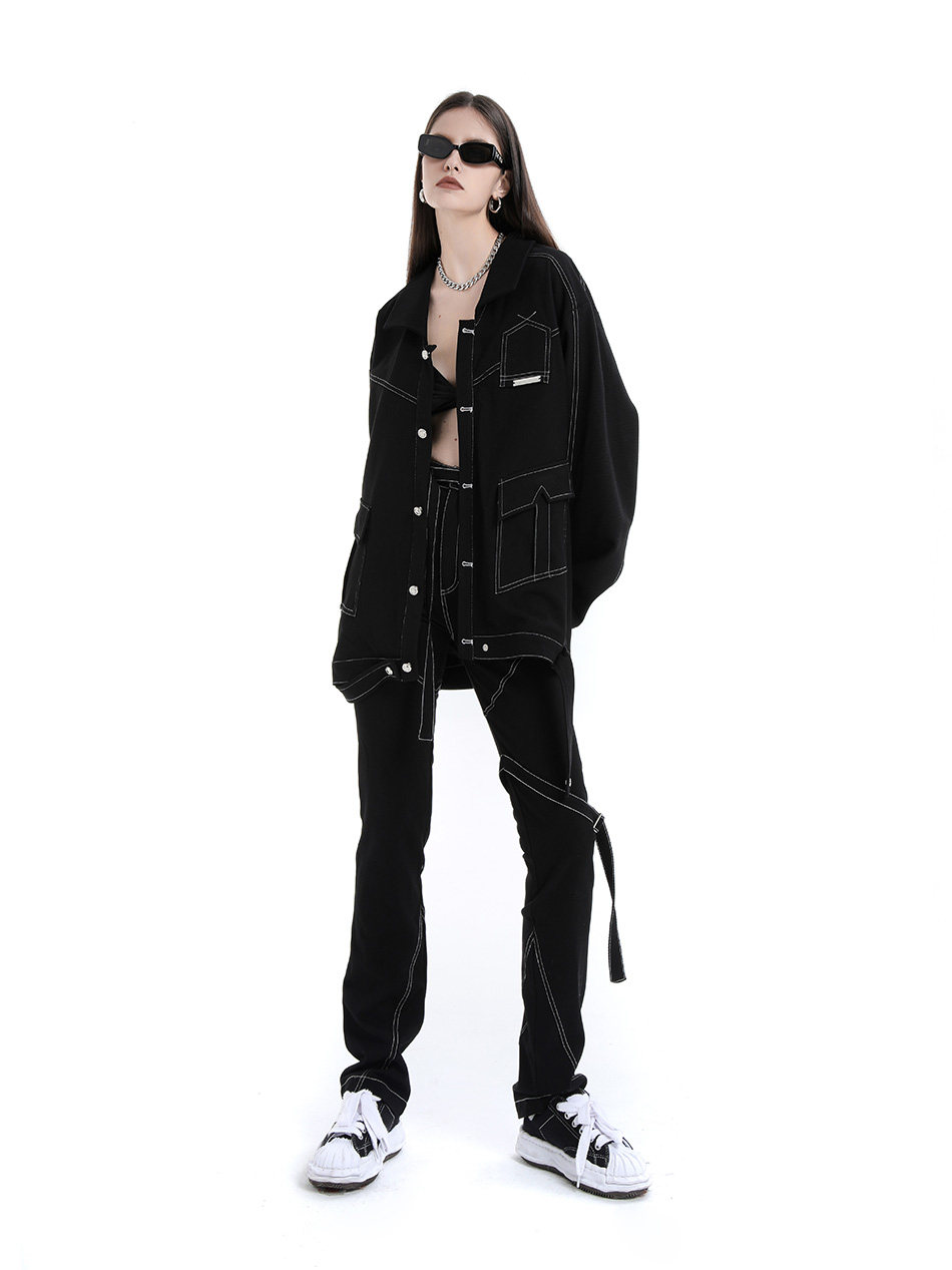 anyquestion/黑色明线 oversize宽松休闲夹克外套
