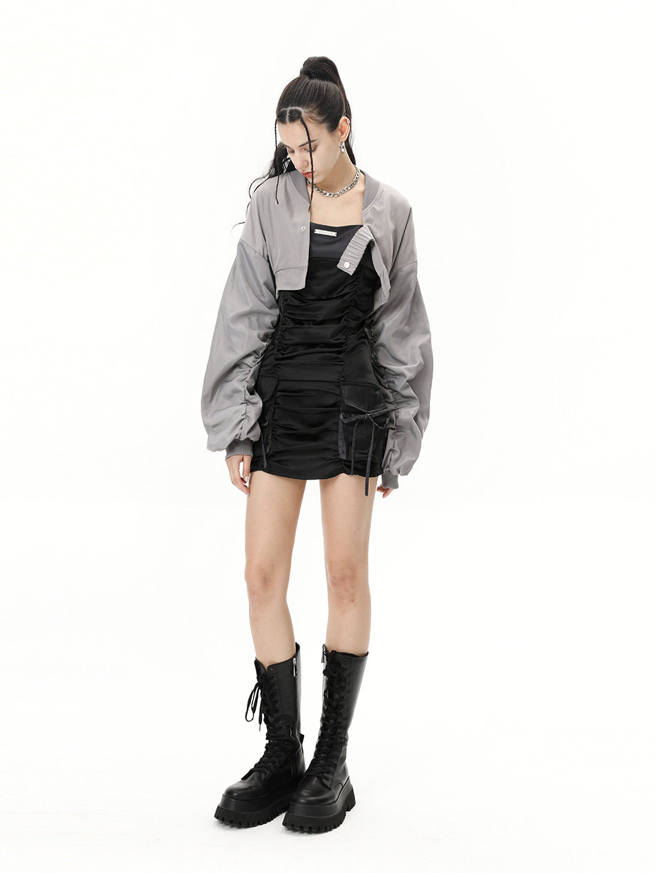 anyquestion/灰色抽皱长袖 机能风超短款休闲棒球外套