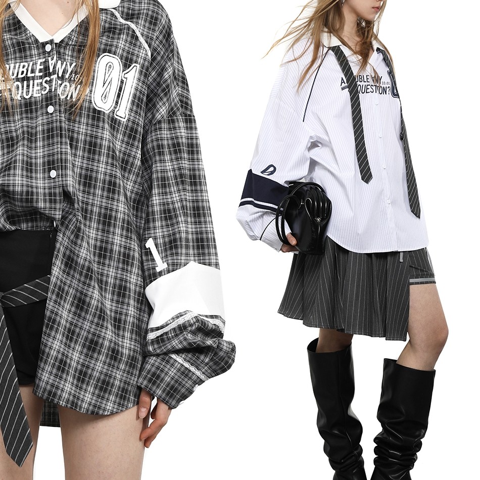 ANYQUESTION/灰白格&白蓝条两色LOGO印花宽松休闲衬衫外套