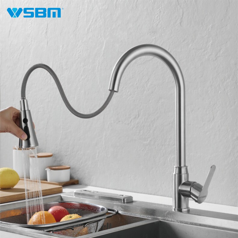 威狮宝马抽拉水龙头不锈钢拉丝陶瓷阀芯洗菜盆洗碗池冷热水抽拉式