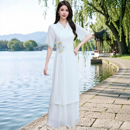 中式改良汉服短袖连衣裙SPA美容养生师套装裤采耳师工作服茶艺服