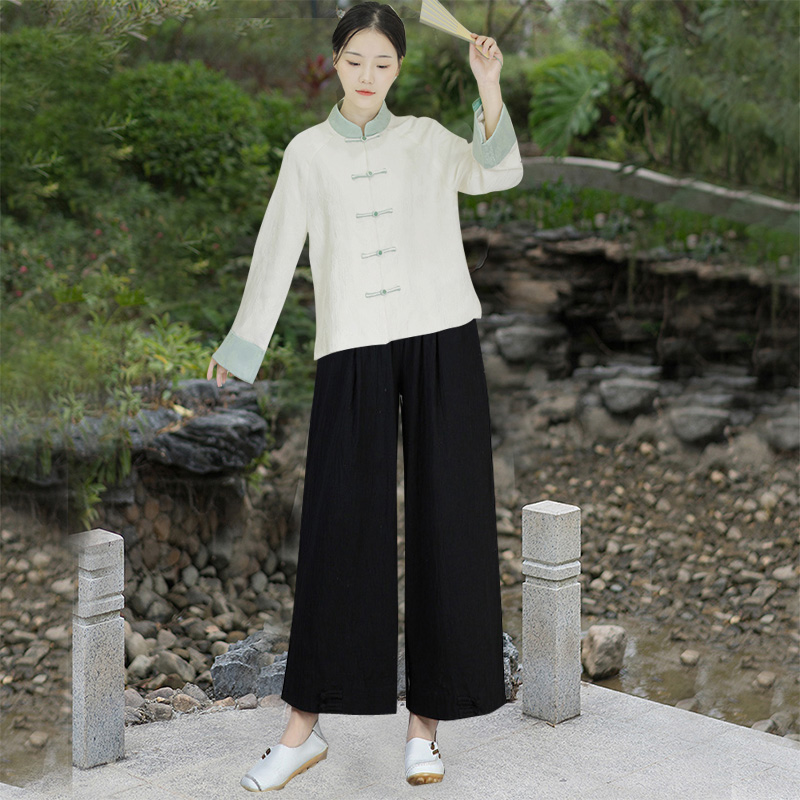 中国风短款唐装女装套装两件套阔腿裤茶艺服中式禅意文艺居士服装