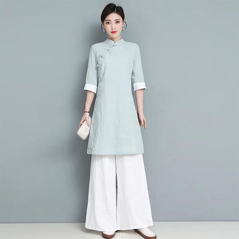 中式国风中袖旗袍唐装连衣裙复古茶艺服艾炙推拿师服养生采耳师服