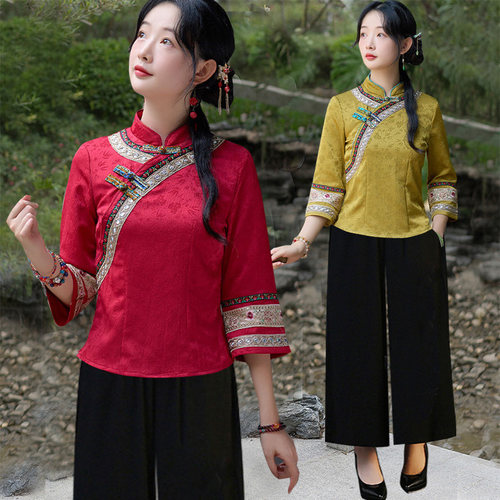 大码民族风女装改良旗袍上衣复古民国风中式套装茶人服修身两件套