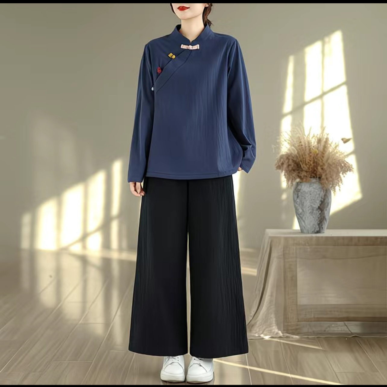 中式复古风棉麻长袖休闲衬衫女唐装上衣禅意茶人服两件套艾炙服秋