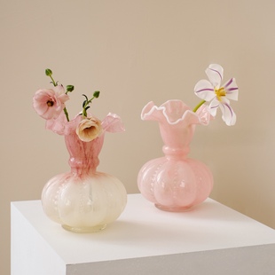 琉璃玻璃插花装 中古芬顿花瓶粉色轻奢高级感南瓜花瓶法式 饰品摆件