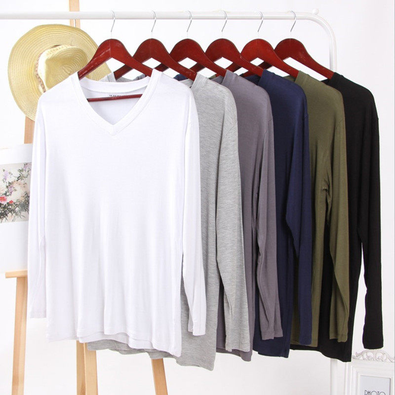 莫代尔v领长袖t恤男士夏秋季薄款纯色打底衫加肥大码纯棉圆领秋衣