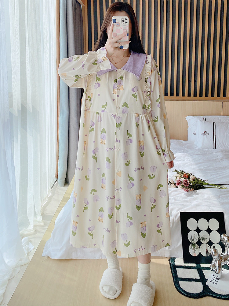 봄 여름 가을 산후수유용 가슴패드가 있는 얇은 순면 수유잠옷 수유복 산전 잠옷복