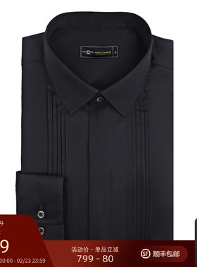 GIEVES CHARLES风琴褶礼服黑色商务个性时尚男士纯棉修身方领衬衫
