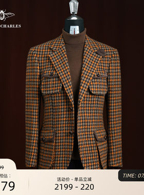 【25秋冬新品】纯羊毛橙色千鸟格时尚西服复古羊反绒休闲保暖外套