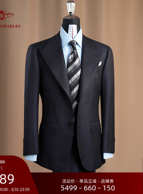 【卓雅系列】120s意大利进口面料羊毛商务暗条纹藏蓝色西服套装男