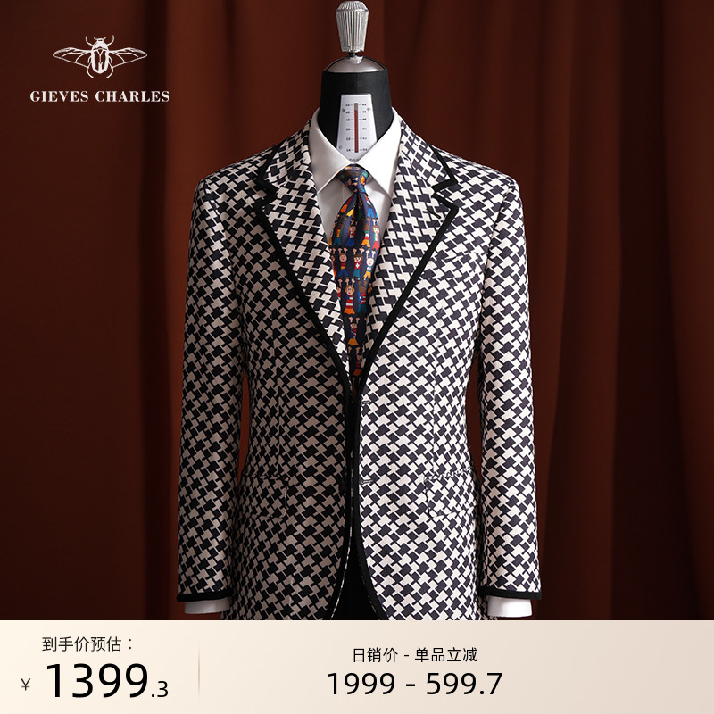 【2024秋冬新品】设计师款麂皮包边黑白格纹灯芯绒西服外套男