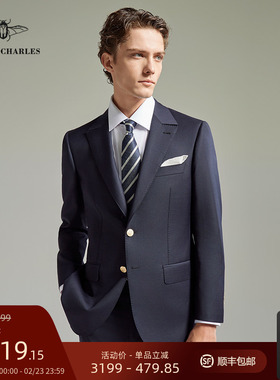 GIEVES CHARLES教父限量版藏蓝色进口面料商务休闲金扣西服套装男