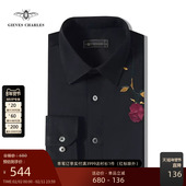 CHARLES男士 长袖 衬衫 GIEVES 休闲高端黑色玫瑰刺绣纯棉修身 衬衣