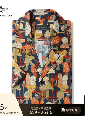 GIEVES CHARLES男士古巴领夏威夷印花衬衫高端时尚休闲衬衫男痞帅