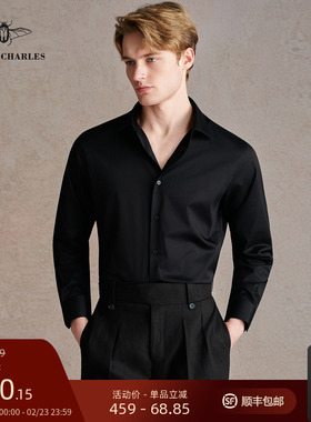 GIEVES CHARLES黑色商务个性时尚男士纯棉修身八字领纯色衬衫男
