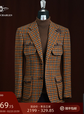 【25秋冬新品】纯羊毛橙色千鸟格时尚西服复古羊反绒休闲保暖外套