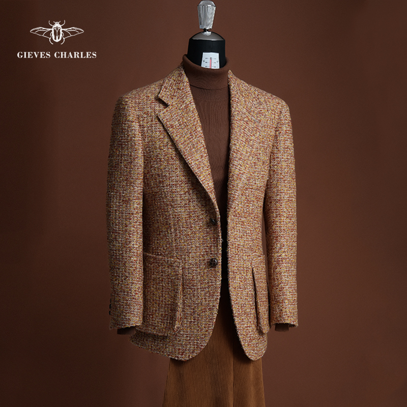 “皇家花呢”小香风编织粗花呢西服外套男士商务休闲混纺花呢西服
