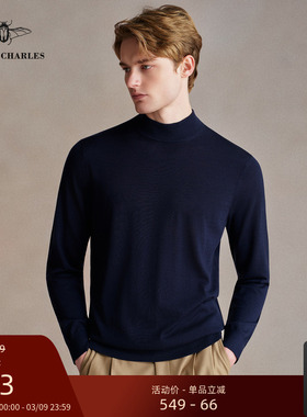 【100%羊毛】男士深蓝色圆领半高领套头保暖针织毛衣百搭打底衫男