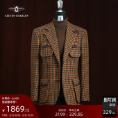 西服复古羊反绒休闲保暖外套 纯羊毛橙色千鸟格时尚 25秋冬新品