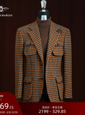 【25秋冬新品】纯羊毛橙色千鸟格时尚西服复古羊反绒休闲保暖外套