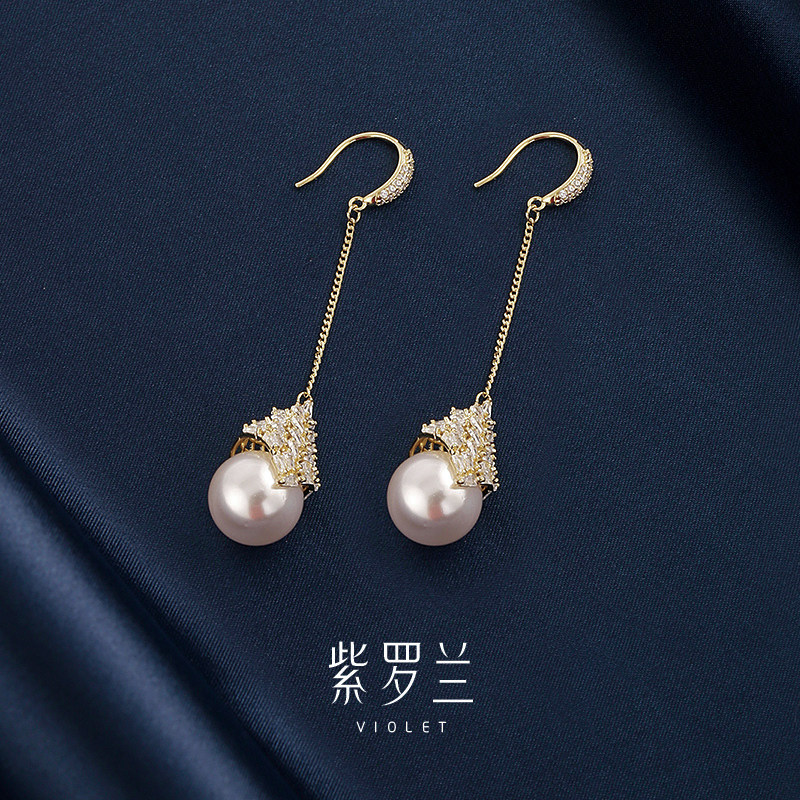 紫罗兰伞聆珍珠耳环女秋冬高级感气质名媛风长款耳饰生日礼物潮